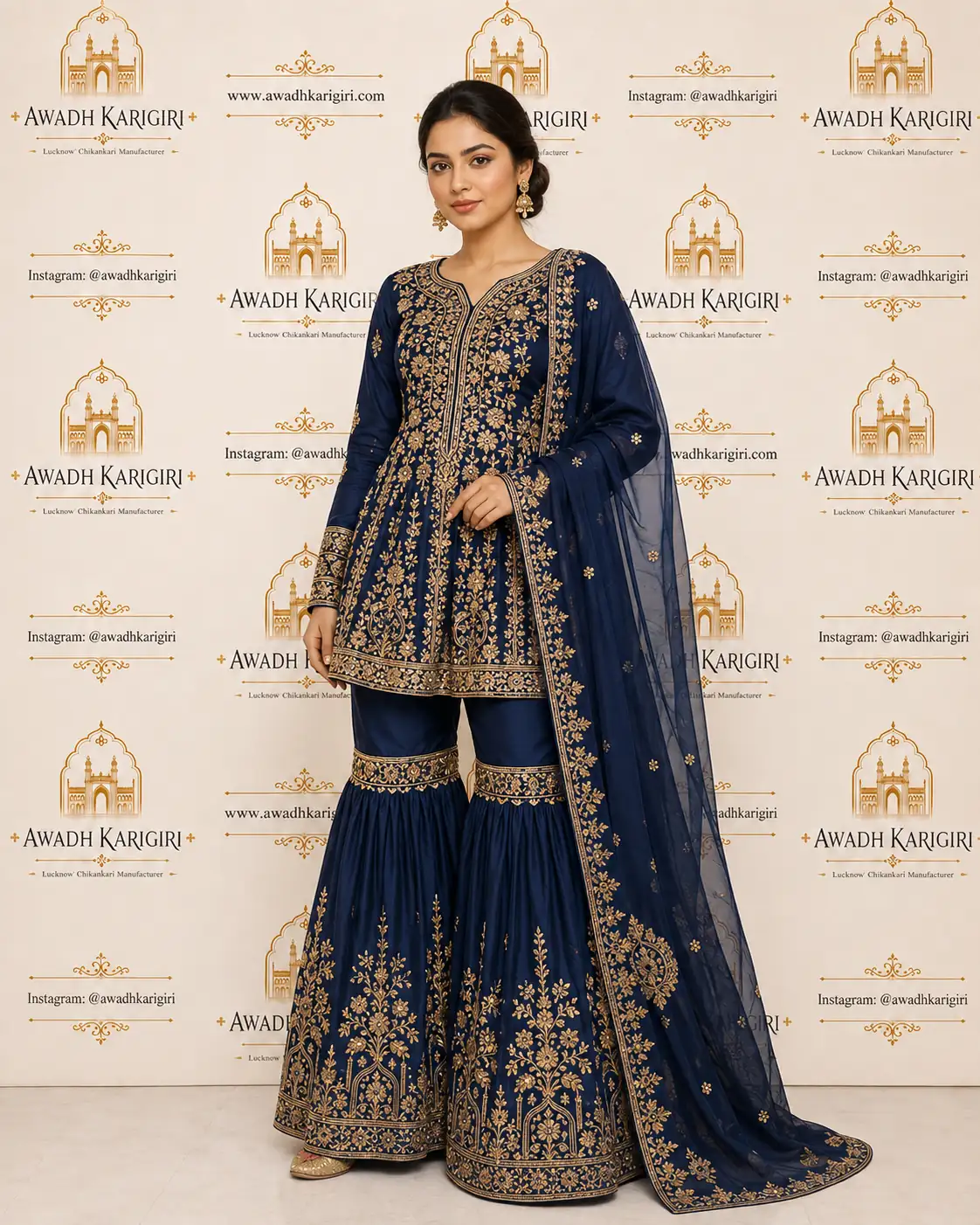 Navy Blue Zardozi Sharara Set