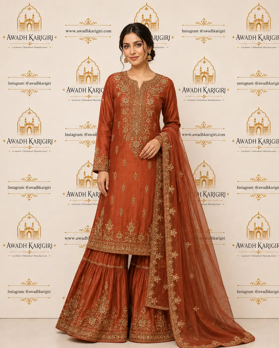 Rust Embroidered Sharara Set